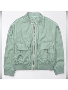 American Eagle-Linen-Blend Cropped Bomber Jacket-Size Small-Moss Grey